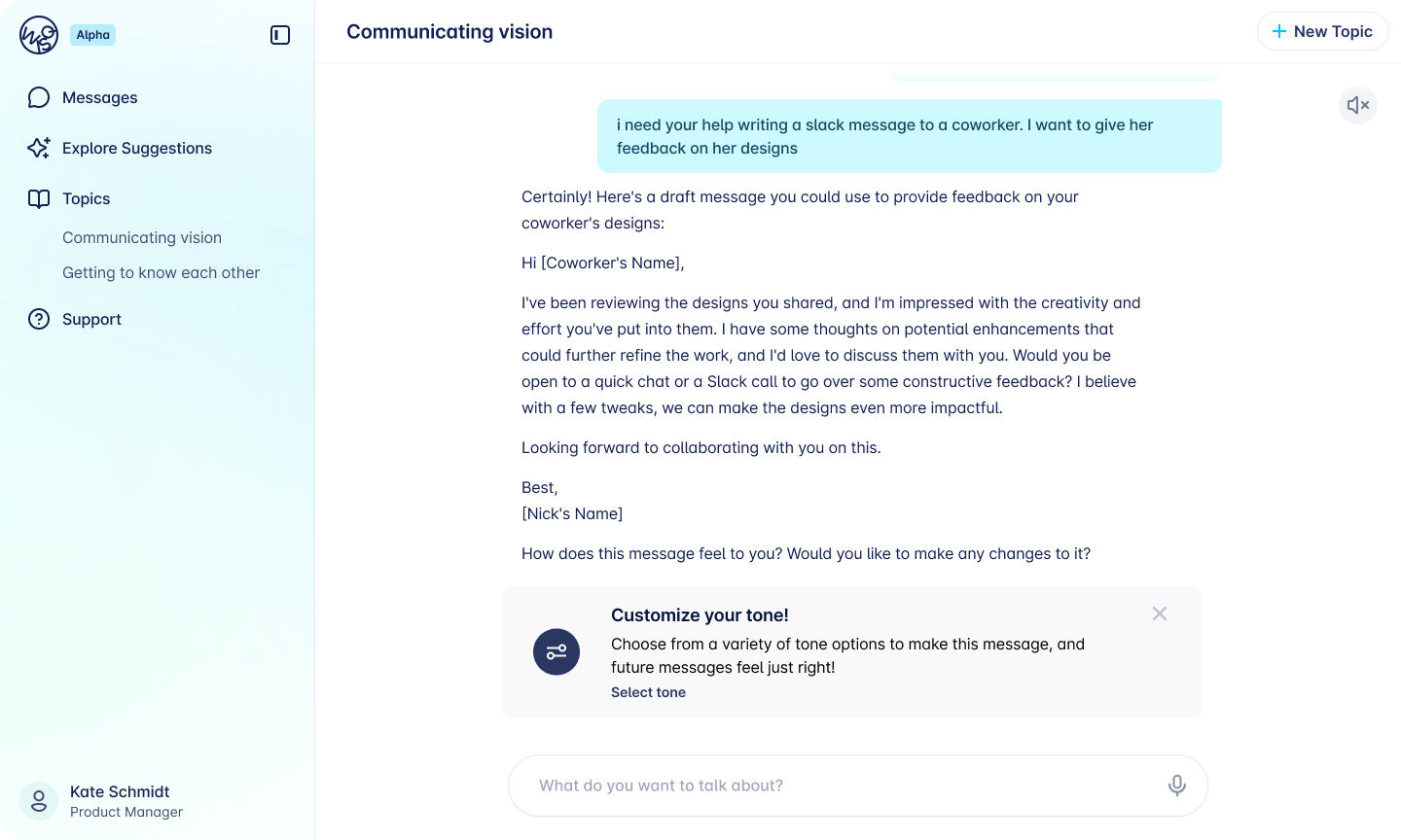 Wisq design iteration showing an in-chat banner treatment for tone controls.